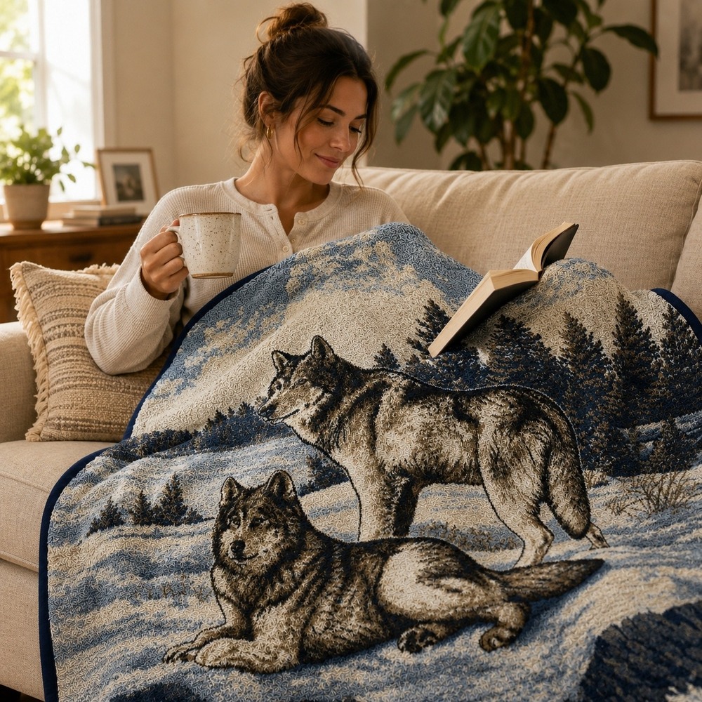 Vintage Biederlack Wolf Blanket Reversible Blue White Fleece Made in USA 56x74
